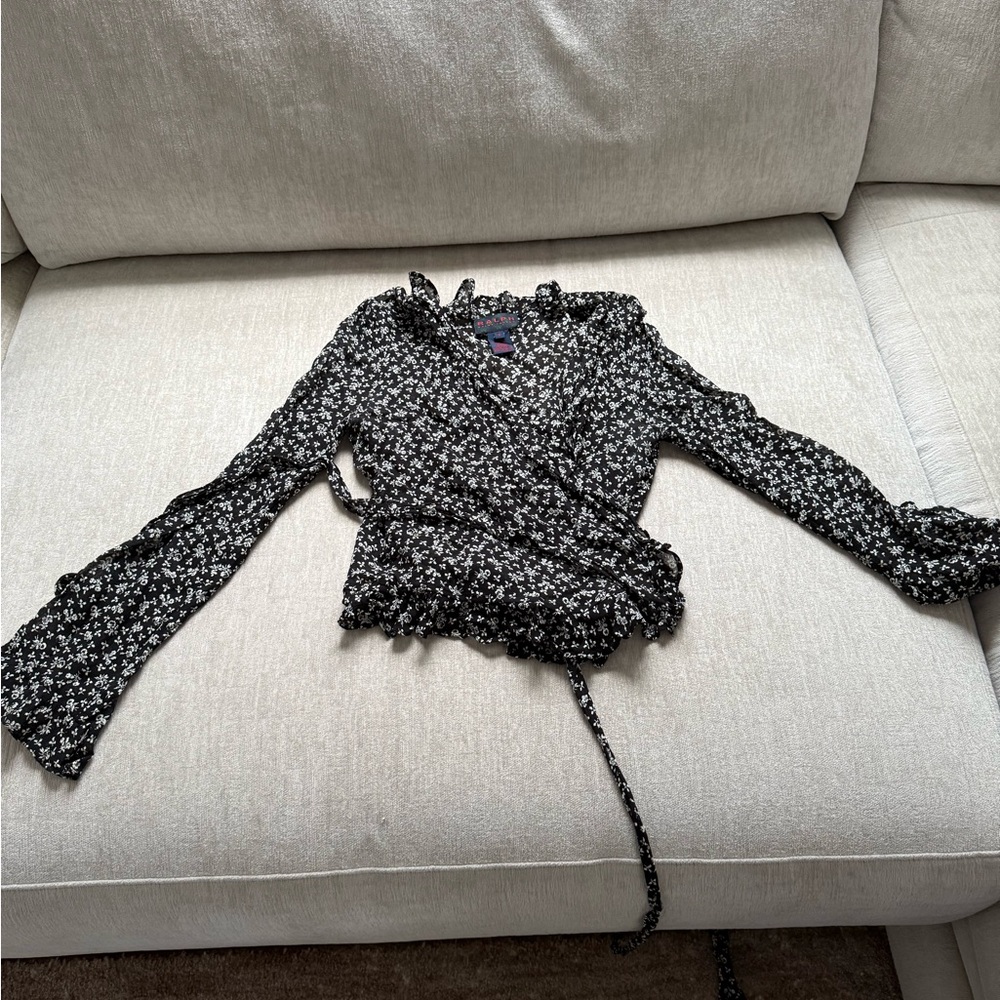 Ralph Lauren Black and White Ruffled Wrap Blouse